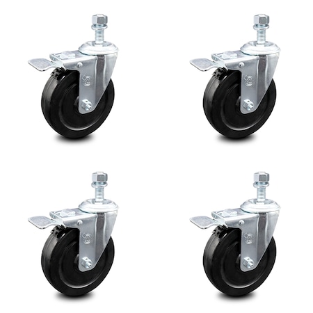 Service Caster 5 Inch Hard Rubber Swivel 3/8 Inch Threaded Stem Caster Set Total Lock Brake SCC SCC-TSTTL20S514-HRS-381615-4